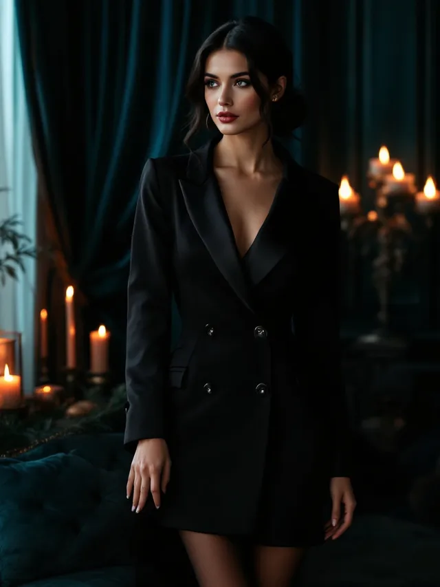 AI-generated concept image: Tuxedo Blazer Dress by Velvet Hour, black