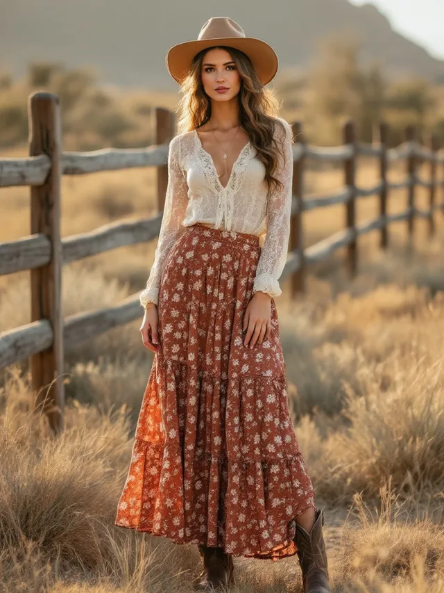 AI-generated concept image: Tiered Prairie Maxi Skirt by Saddle & Sage, rust floral