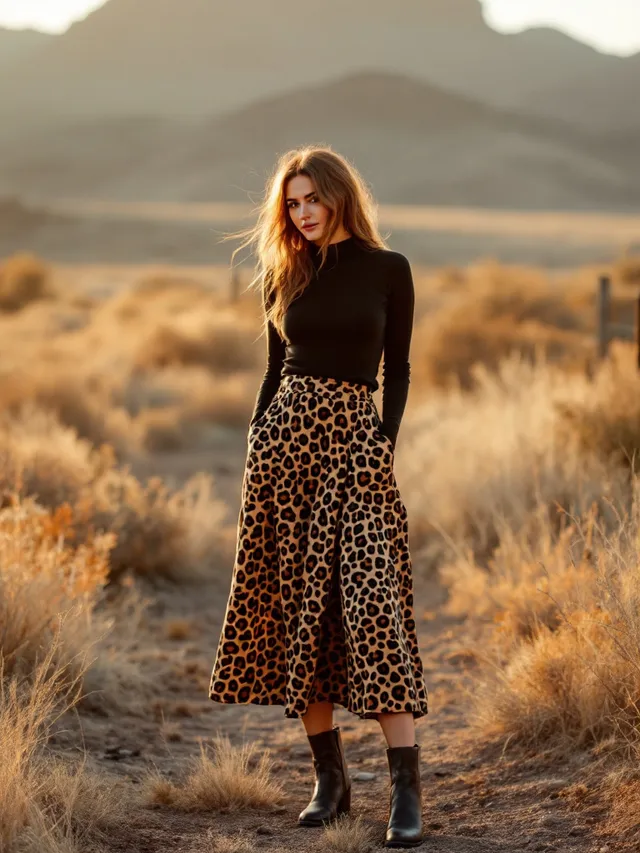 AI-generated concept image: Leopard Print Midi Skirt by Saddle & Sage, leopard